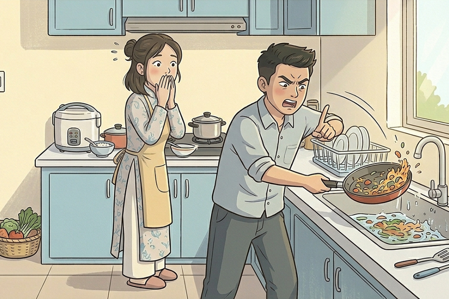 Chồng hất chảo đồ ăn chỉ vì tôi lỡ than mệt